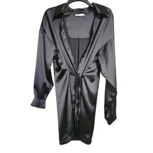 INTempo Black Satin Button Down Long Sleeve Cigar Dress Cocktail Size L EUC